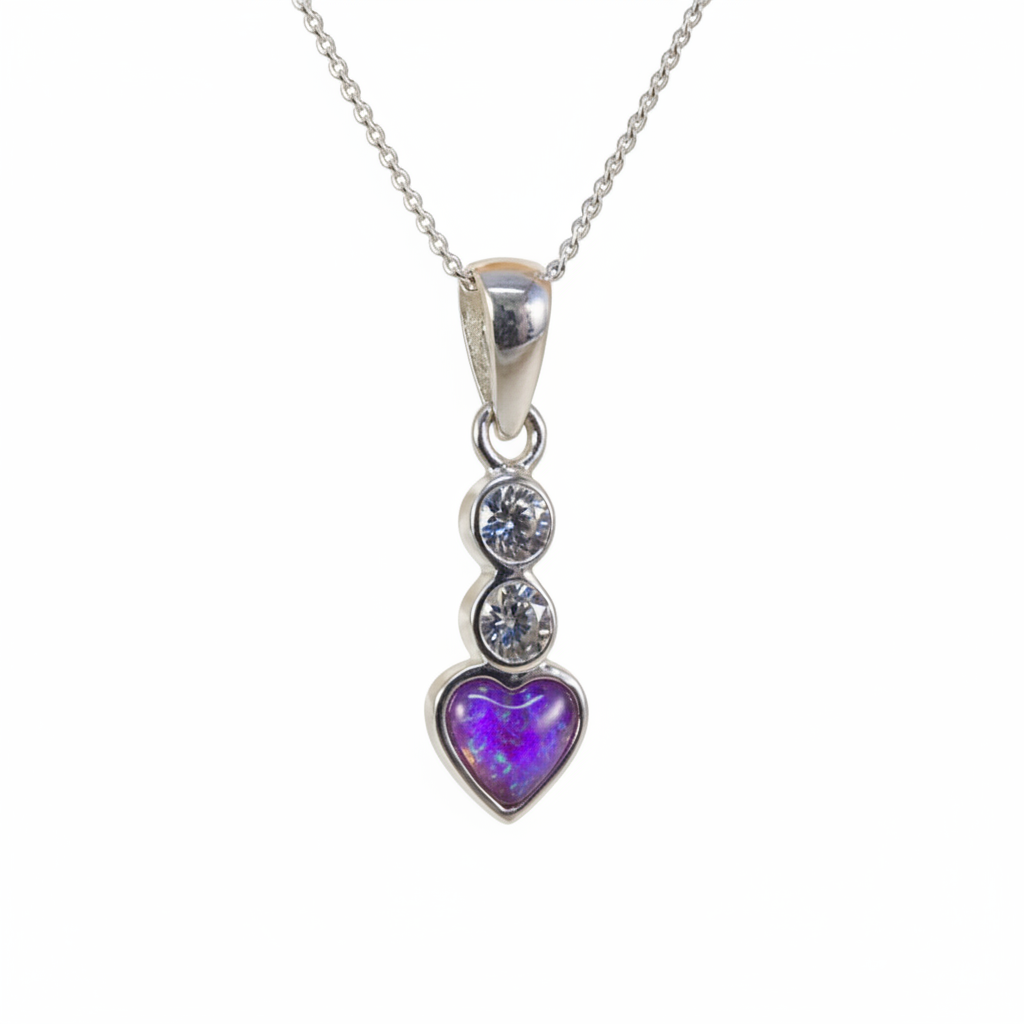 Silver 925 small heart and CZ pendant — lavender purple opal flakes domed resin inclusion