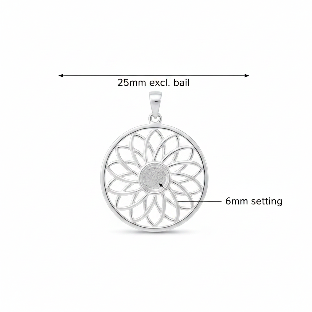 Silver 925 sunflower mandala memorial pendant dimensions — 25mm excl. bail, 6mm round centre