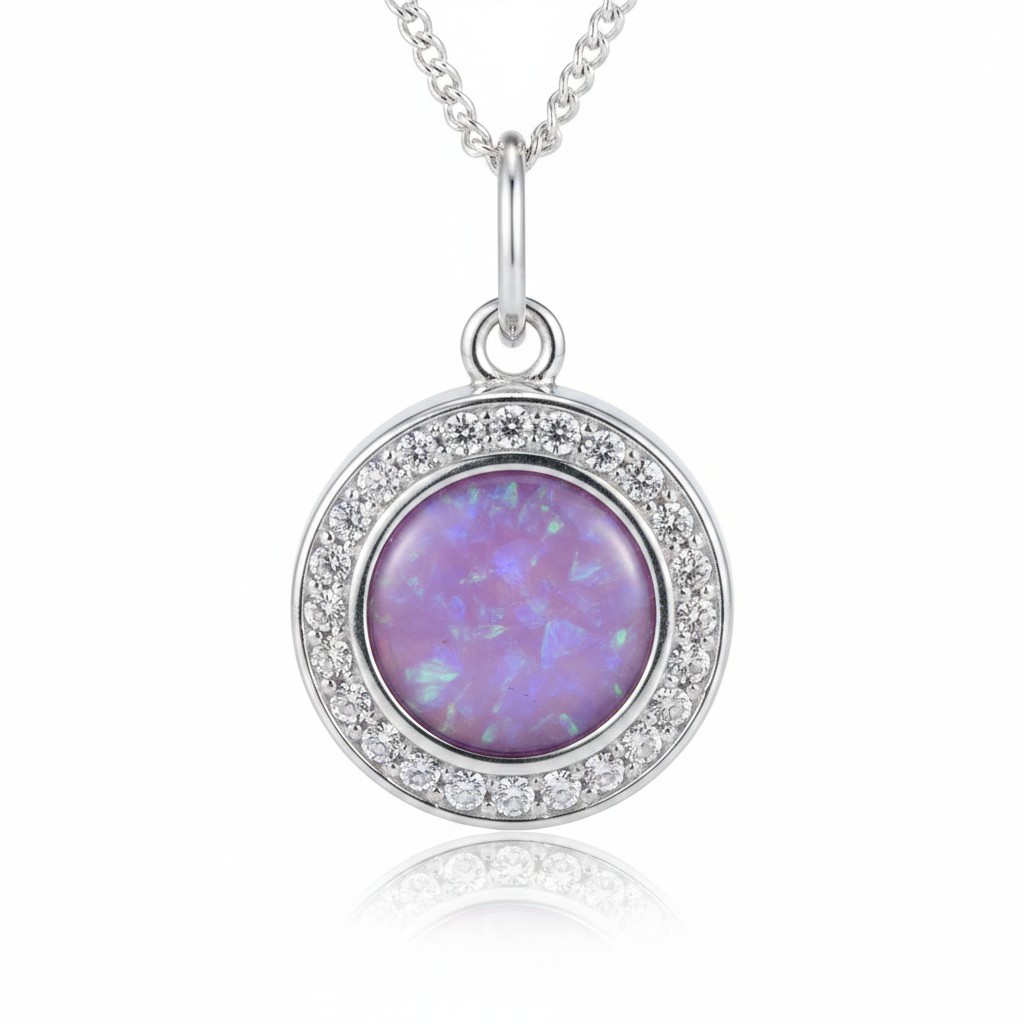 Silver 925 CZ halo round locket — lavender purple opal flakes resin in 8mm round setting, sparkling CZ halo border, pure white background