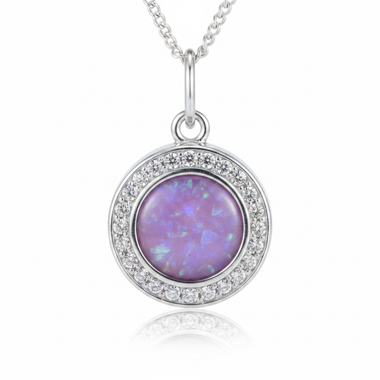 Silver 925 CZ halo round locket — lavender purple opal flakes resin in 8mm round setting, sparkling CZ halo border, pure white background