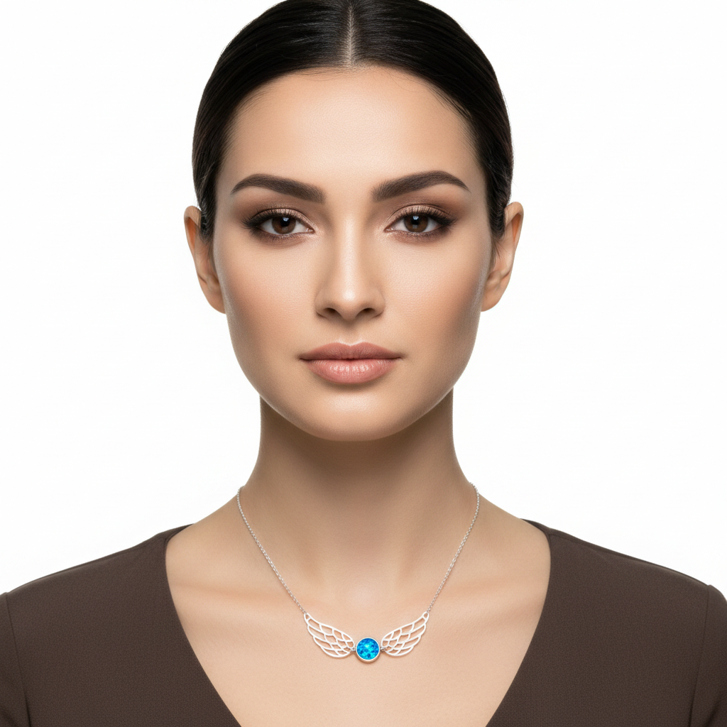 Model wearing silver 925 wide angel wing memorial necklace at true 60x10mm scale