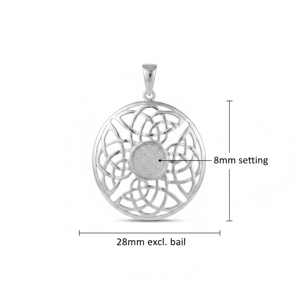 Silver 925 round Celtic knotwork memorial pendant dimensions — 28mm excl. bail, 8mm round centre