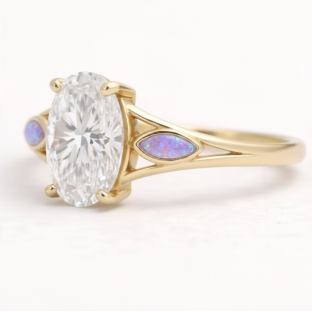 9ct Gold Oval Solitaire Statement CZ Ring — lavender opal resin in marquise shoulder bezels