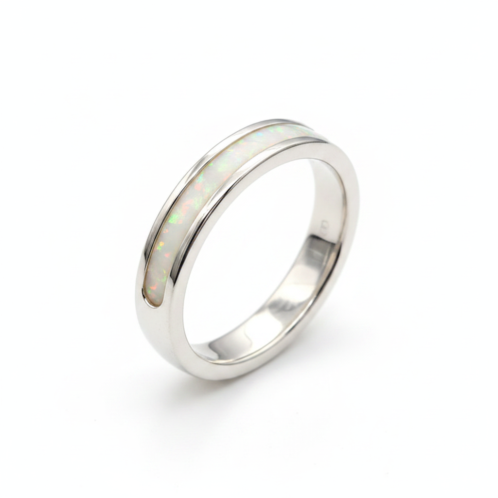Rounded 4mm Channel Band 925 Silver Ring with white pearl opal resin — pure white background