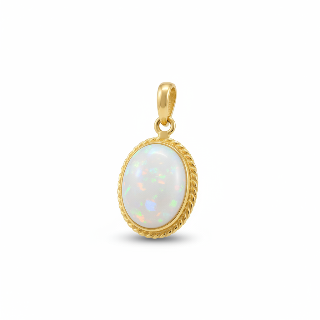 9ct gold rope edge memorial pendant with white mica and opal flakes