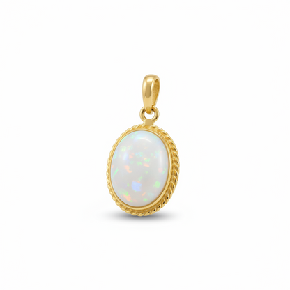 9ct gold rope edge memorial pendant with white mica and opal flakes