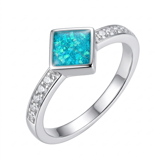 Illustrative Offset Square silver CZ memorial ring with turquoise mica and aqua opal flakes