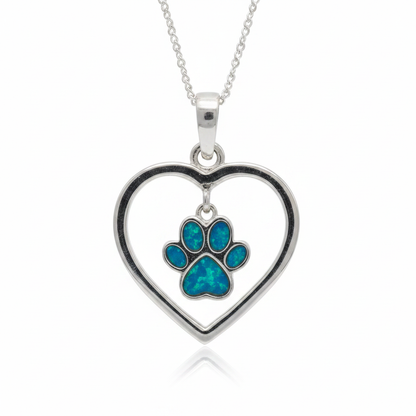 Heart Dangle Paw 925 Silver Memorial Pendant with blue teal opal resin in paw print — white background