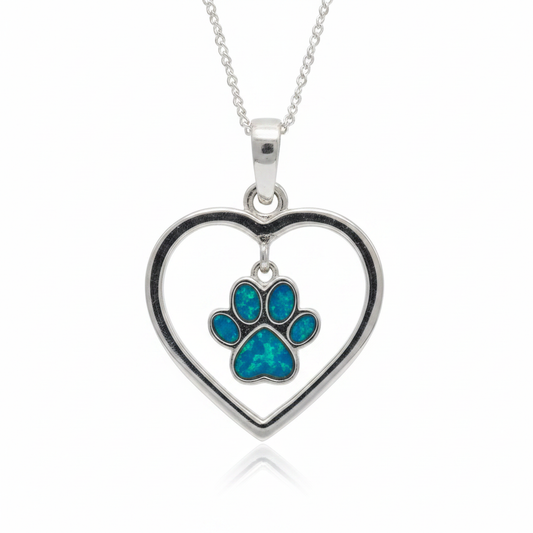 Heart Dangle Paw 925 Silver Memorial Pendant with blue teal opal resin in paw print — white background