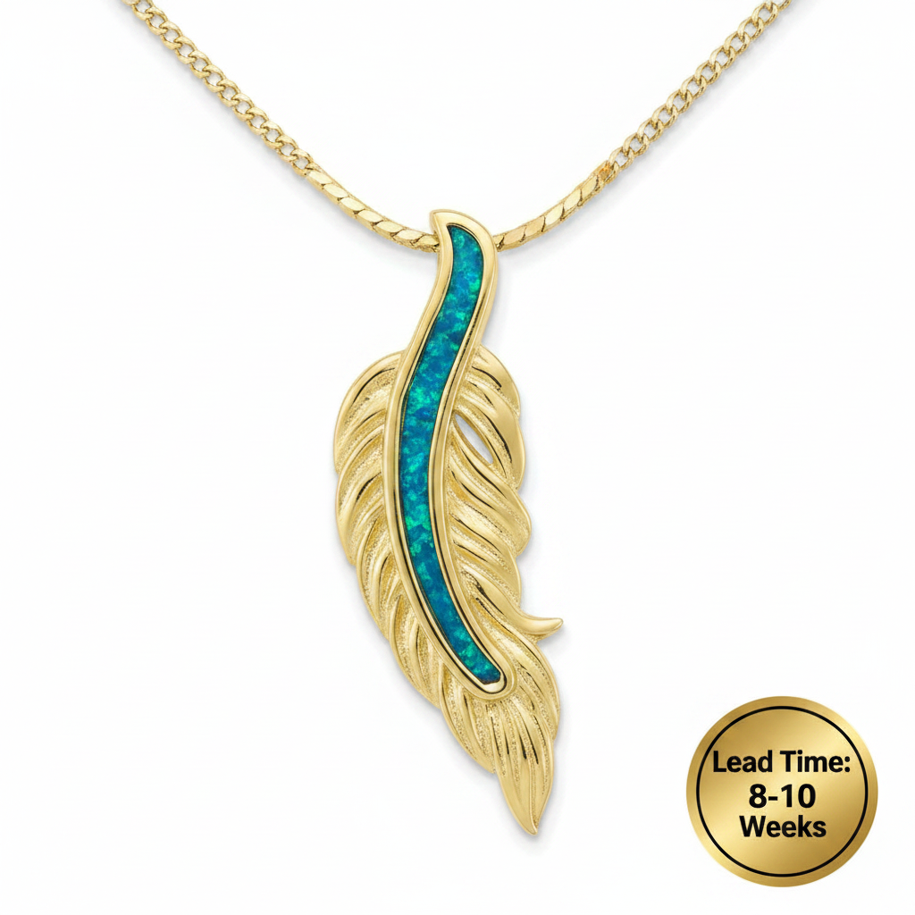 9ct yellow gold feather memorial pendant with blue teal opal resin in central spine, white background, lead time 8-10 weeks