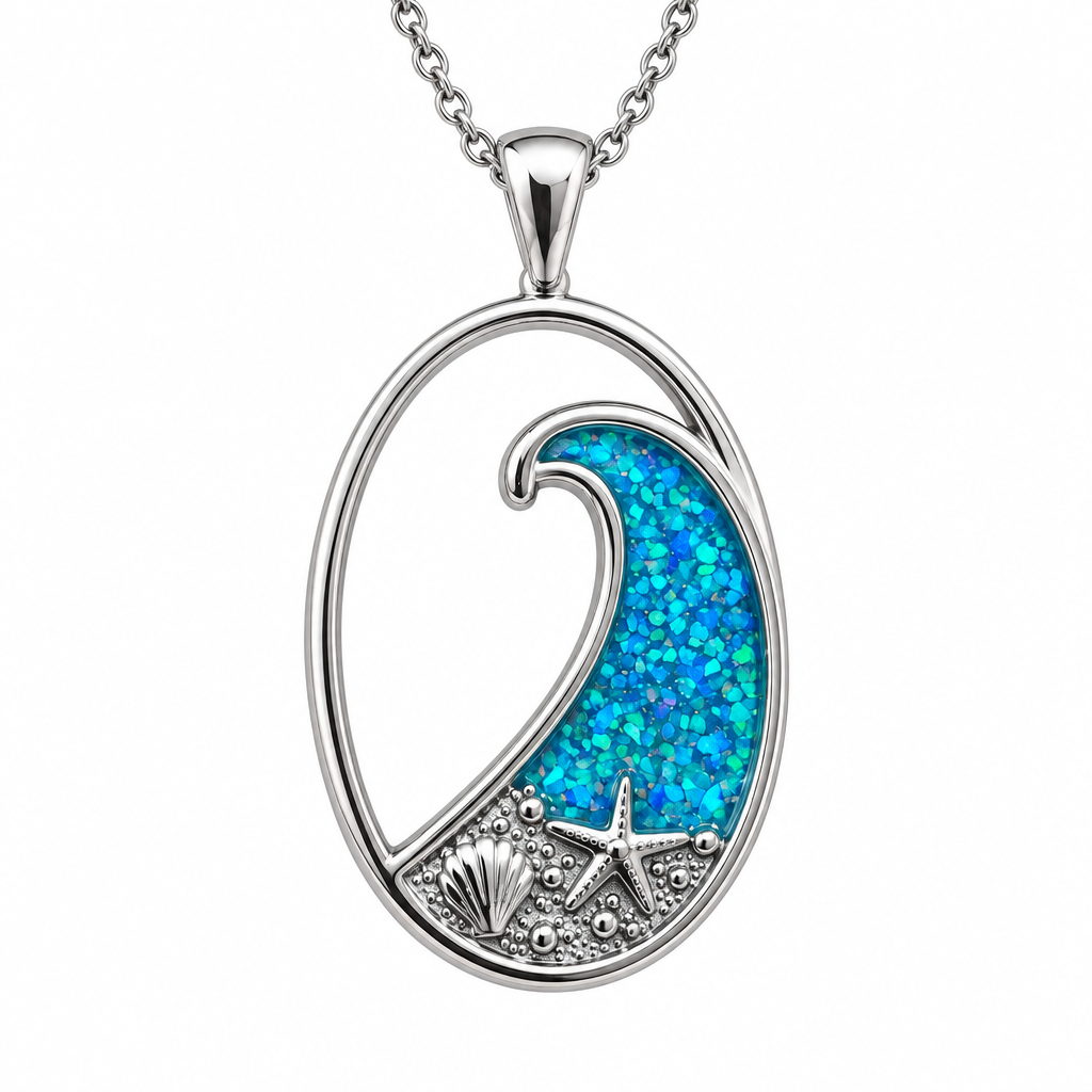 Ocean wave memorial pendant with blue teal opal resin