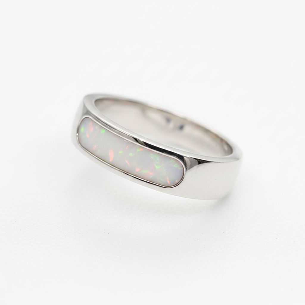 Rounded 6mm Channel Band 925 Silver Ring with white pearl opal resin perfectly flush and level with silver edges — pure white background