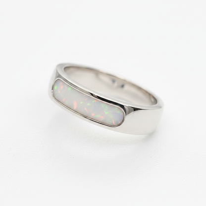 Rounded 6mm Channel Band 925 Silver Ring with white pearl opal resin perfectly flush and level with silver edges — pure white background