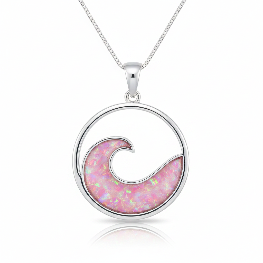 Silver 925 wave memorial pendant with pink opal resin on chain, white background