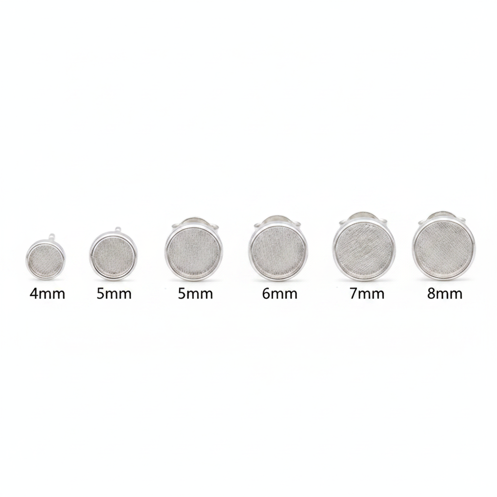 Silver 925 round bezel stud earrings — size guide 4mm 5mm 6mm 7mm 8mm