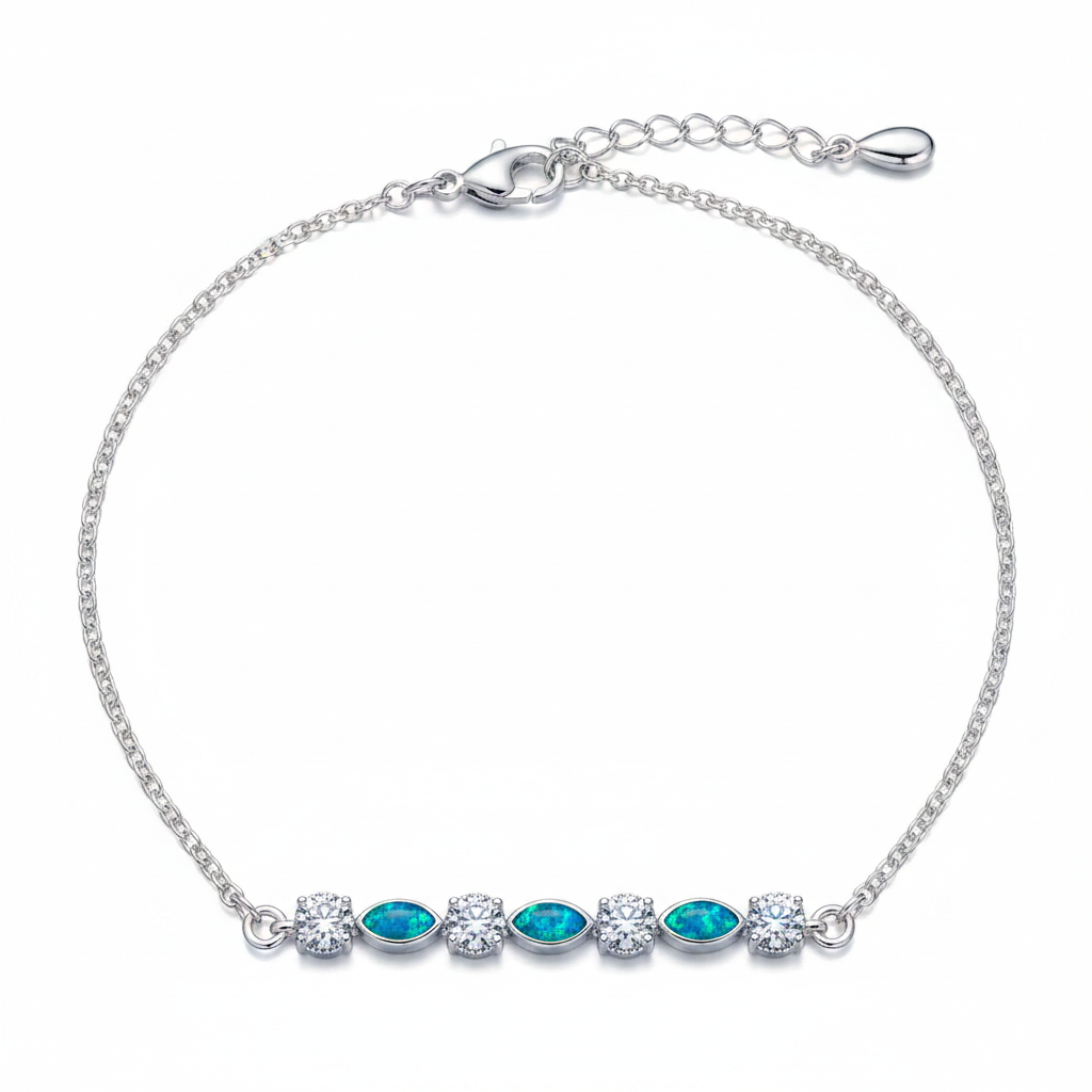 925 sterling silver CZ marquise memorial bracelet with blue teal opal resin in marquise bezels on white background