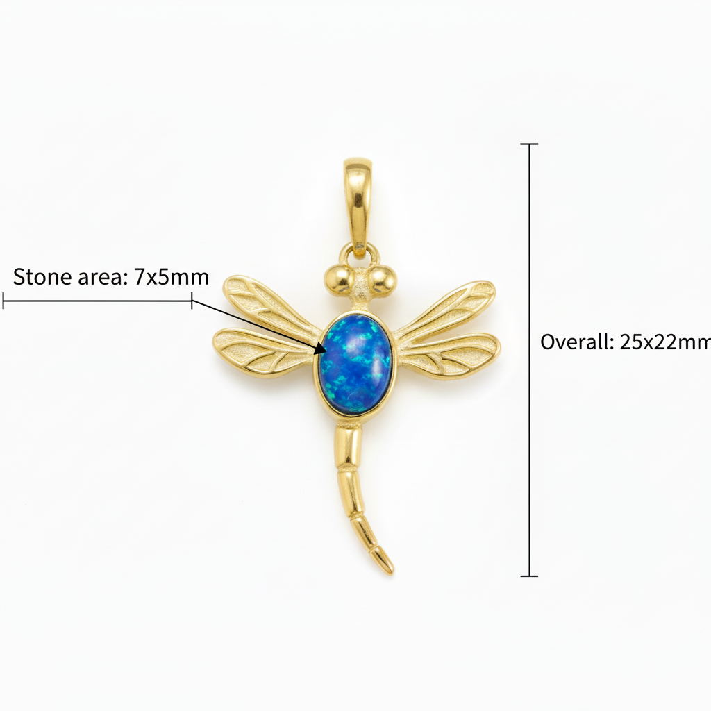 9ct gold dragonfly memorial pendant size guide showing 7x5mm stone area and 25x22mm overall dimensions