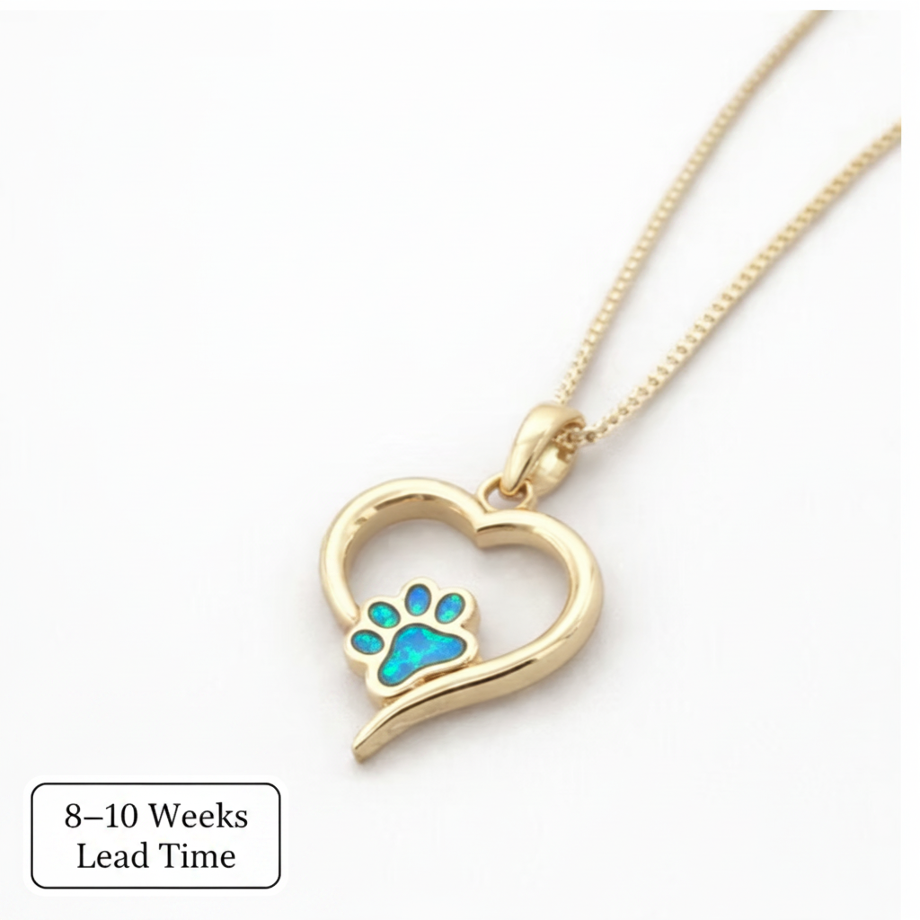 9ct Gold Hollow Heart Paw Pendant — blue teal opal resin, white background