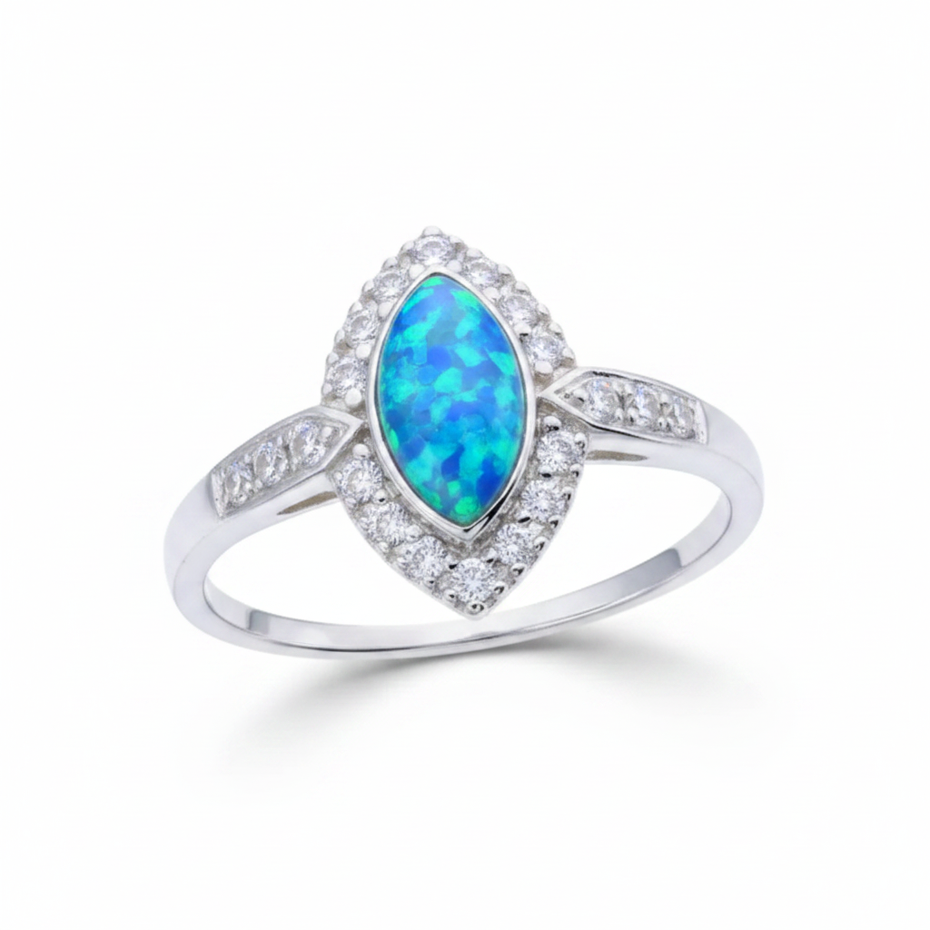 Marquise CZ Halo Memorial Ring 925 Sterling Silver with blue teal opal flake inclusion