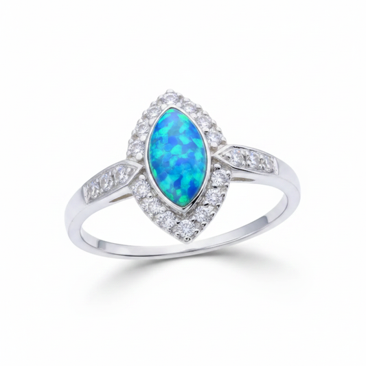 Marquise CZ Halo Memorial Ring 925 Sterling Silver with blue teal opal flake inclusion