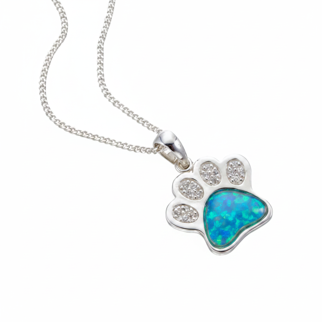 CZ Paw Print Pendant Necklace 925 Sterling Silver with blue teal opal flake inclusion in main pad