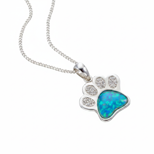 CZ Paw Print Pendant Necklace 925 Sterling Silver with blue teal opal flake inclusion in main pad