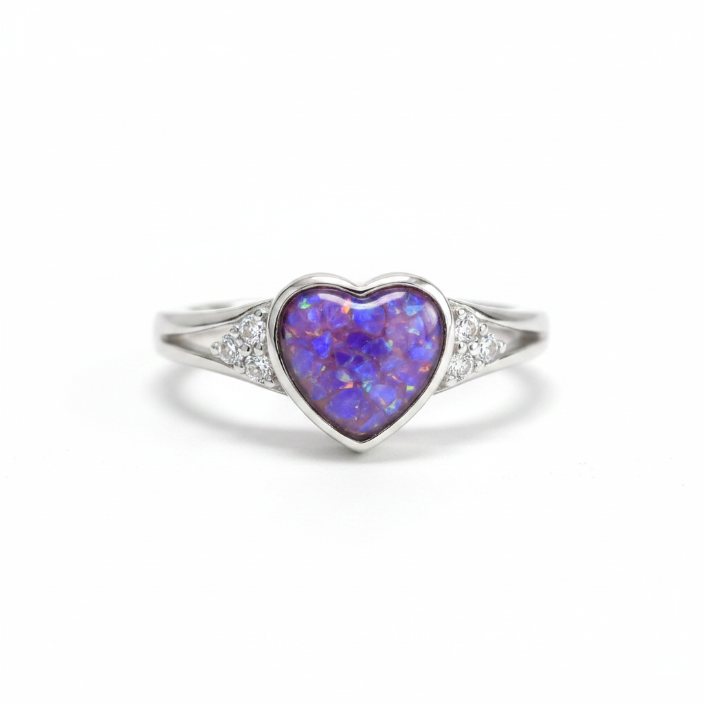 925 sterling silver cluster CZ heart memorial ring with lavender purple opal flakes in heart bezel