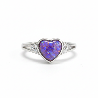 925 sterling silver cluster CZ heart memorial ring with lavender purple opal flakes in heart bezel