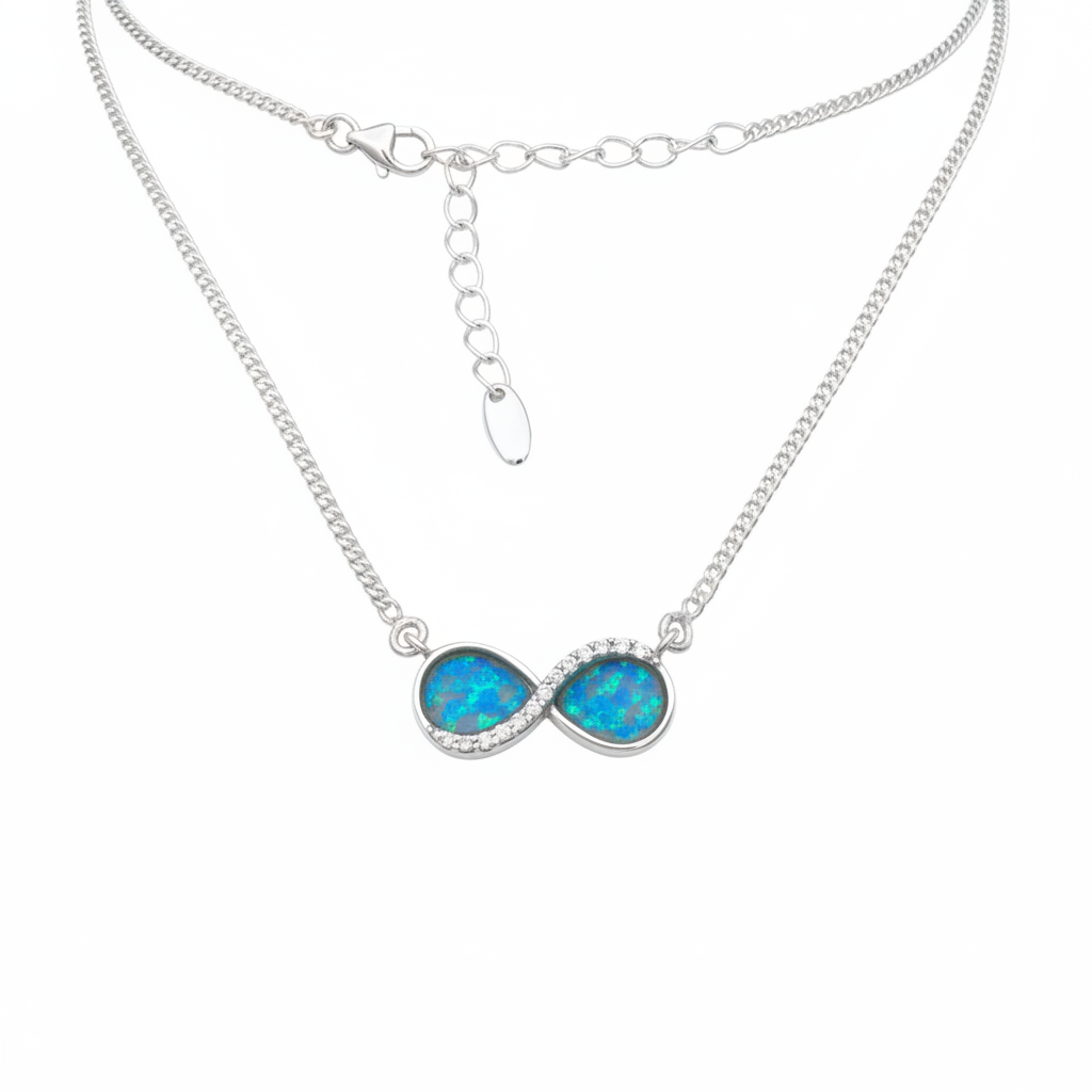 925 Sterling Silver infinity CZ necklace with blue and teal opal flake memorial inclusion, adjustable curb chain