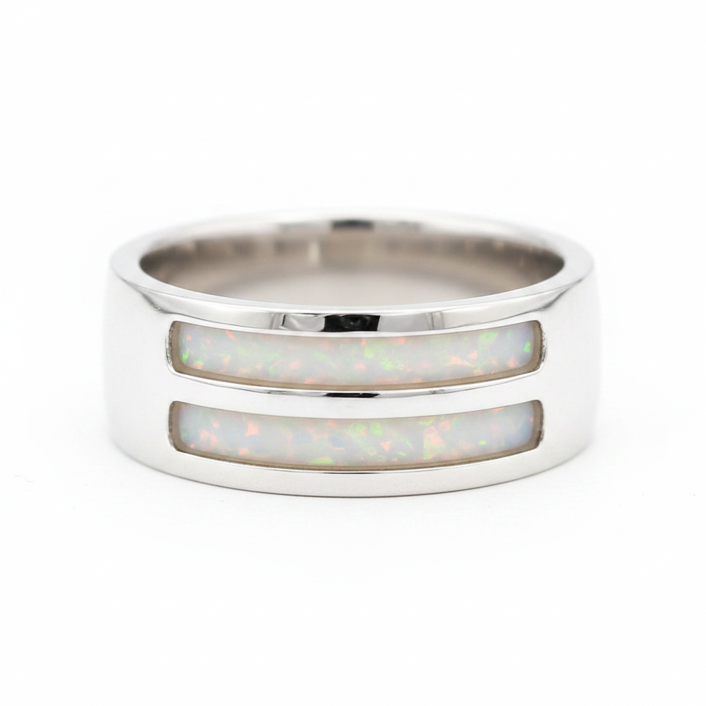 Gents Double Channel 7mm 925 Silver Band Ring with white pearl opal resin — pure white background