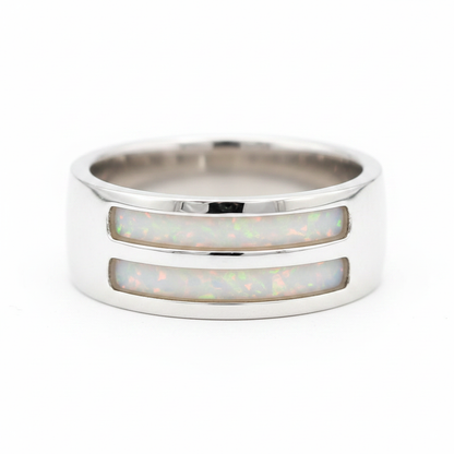 Gents Double Channel 7mm 925 Silver Band Ring with white pearl opal resin — pure white background