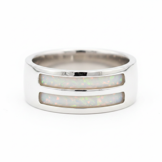 Gents Double Channel 7mm 925 Silver Band Ring with white pearl opal resin — pure white background