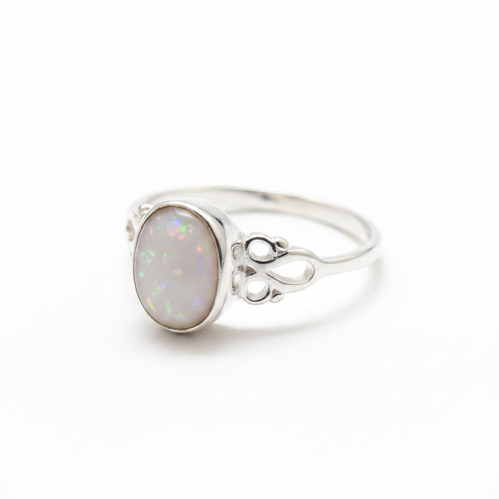 Silver 925 Celtic ring — white pearl opal flakes resin in 8x6mm oval setting, Celtic trefoil shoulder detail