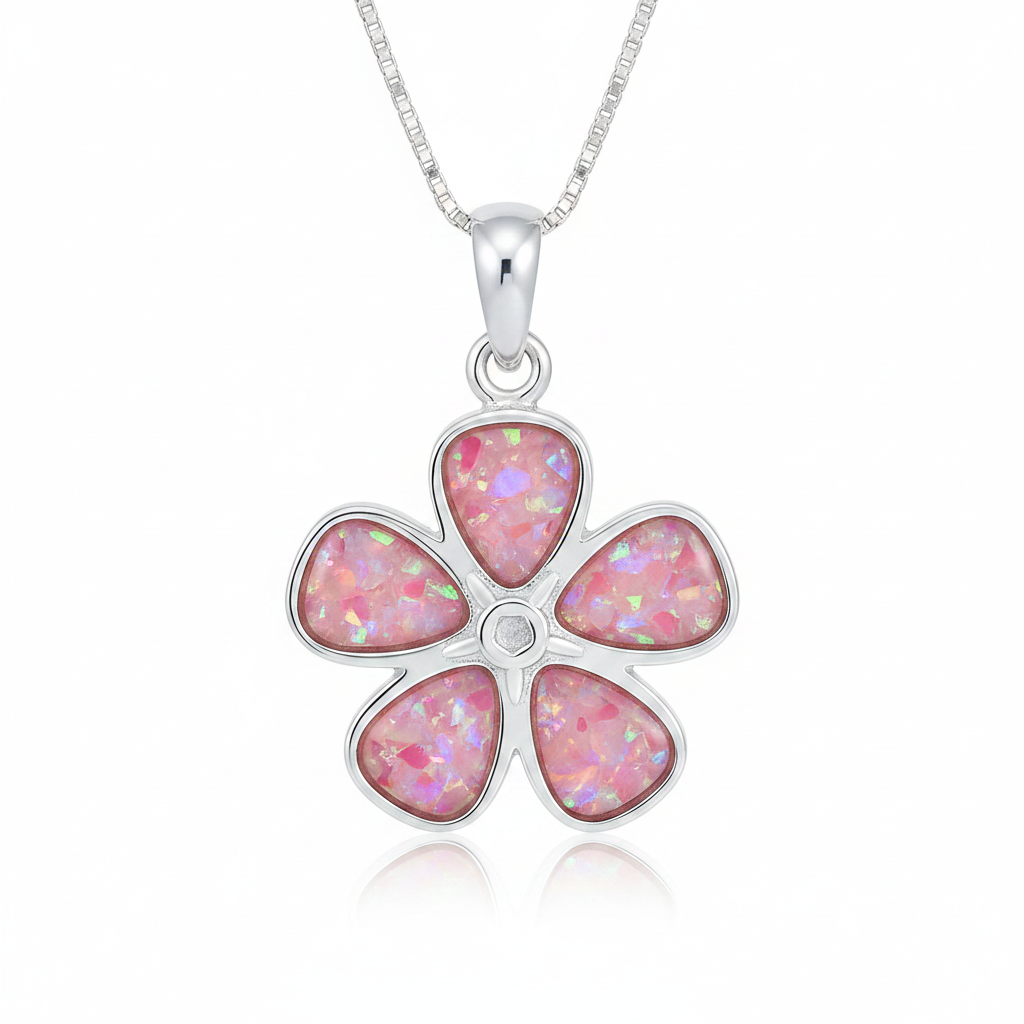 Silver 925 forget-me-not flower memorial pendant with pink opal resin on chain, white background