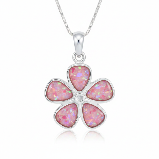 Silver 925 forget-me-not flower memorial pendant with pink opal resin on chain, white background