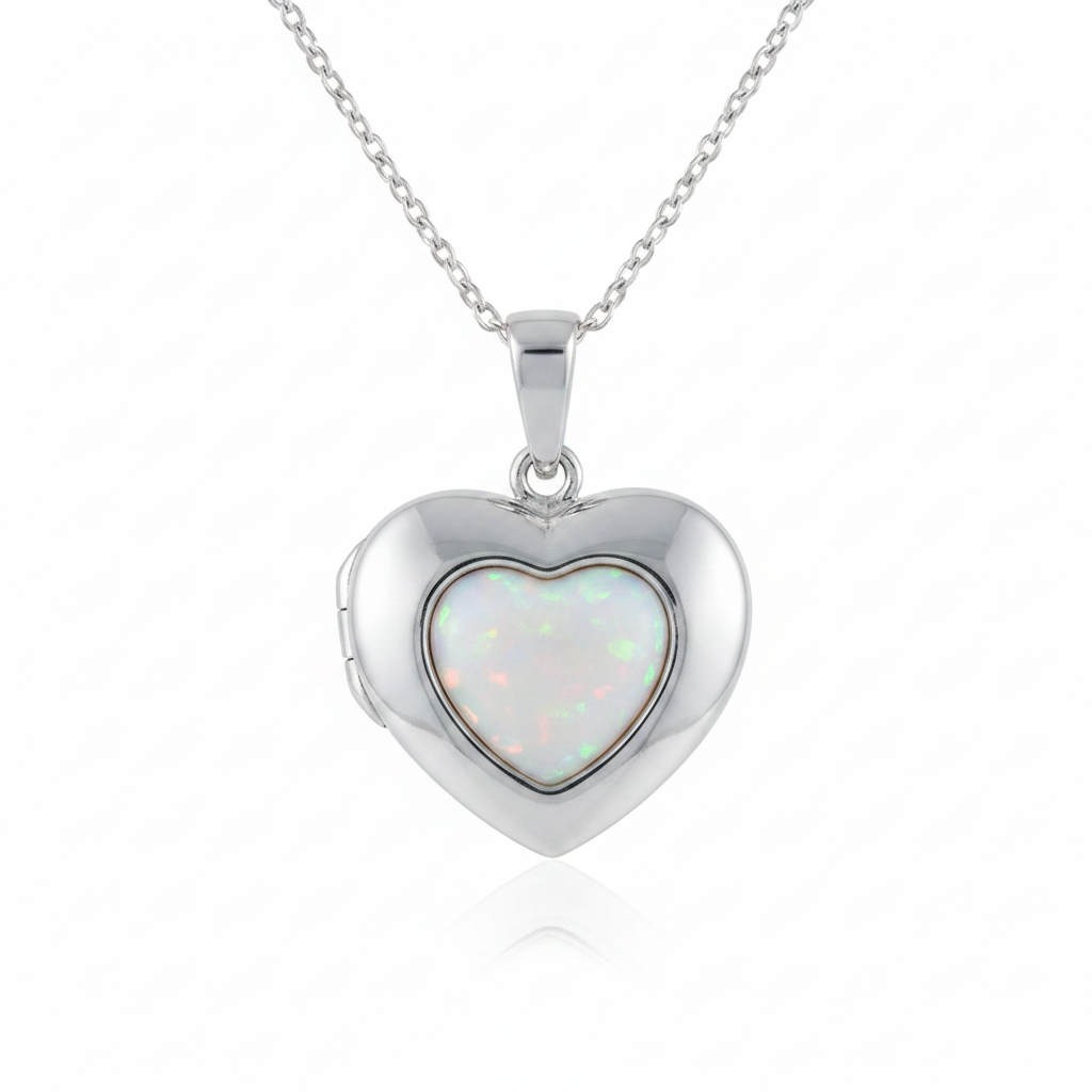 Solis silver 925 heart locket closed with white pearl opal resin setting