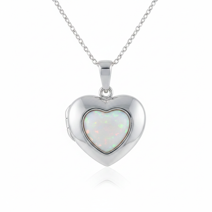 Solis silver 925 heart locket closed with white pearl opal resin setting