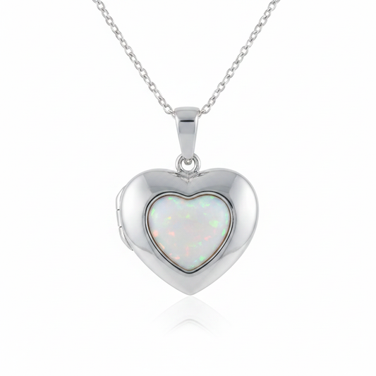 Solis silver 925 heart locket closed with white pearl opal resin setting