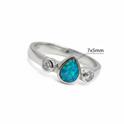 Mini pear double gem 925 silver ring dimensions guide showing 7x5mm pear resin setting on white background