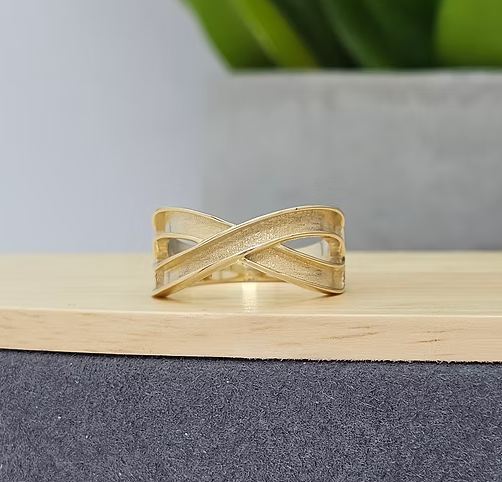 9ct yellow gold plain infinity double channel ring blank, front view showing two parallel bands crossing in infinity figure-8 pattern