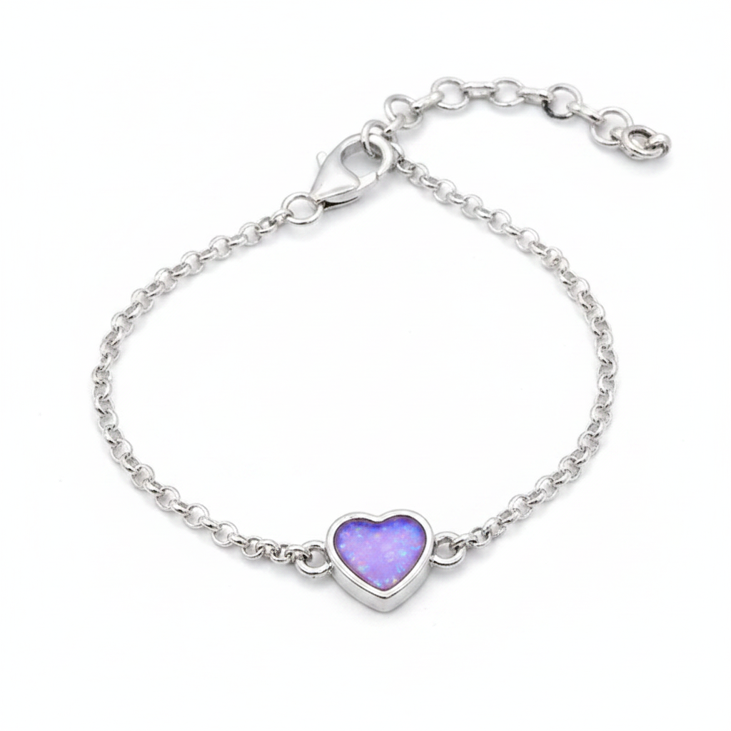 Mini heart charm silver bracelet with lavender purple opal resin in heart bezel, white background