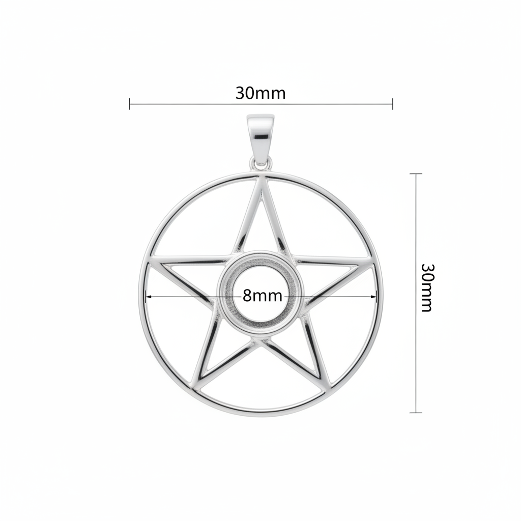 Silver 925 pentagram memorial pendant dimensions — 30mm overall, 8mm round centre setting