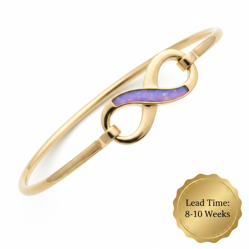 9ct gold infinity bangle with lavender opal resin, white background, lead time 8-10 weeks sticker