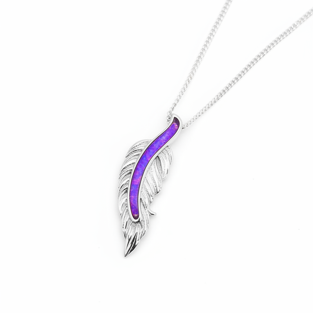Floating feather silver pendant with lavender purple opal resin spine channel, white background