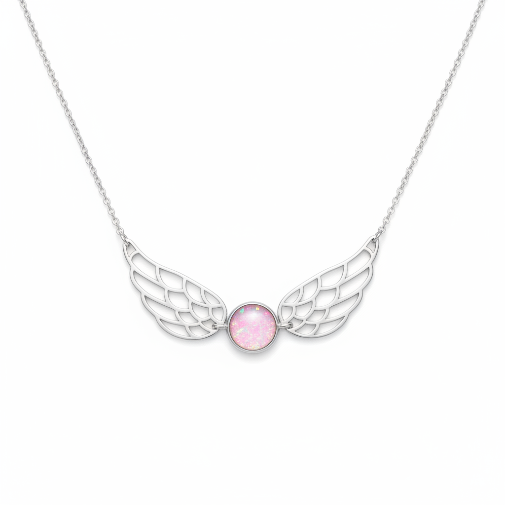 Silver 925 wide angel wing memorial necklace with pink opal flakes and chain, white background