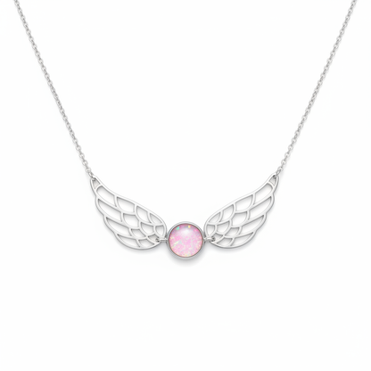 Silver 925 wide angel wing memorial necklace with pink opal flakes and chain, white background
