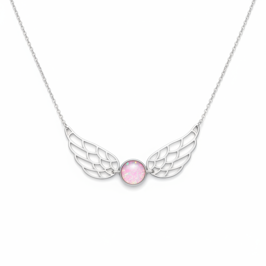 Silver 925 wide angel wing memorial necklace with pink opal flakes and chain, white background