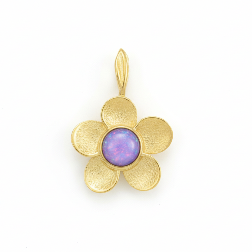9ct gold chunky flower memorial pendant with lavender iridescent opal flakes