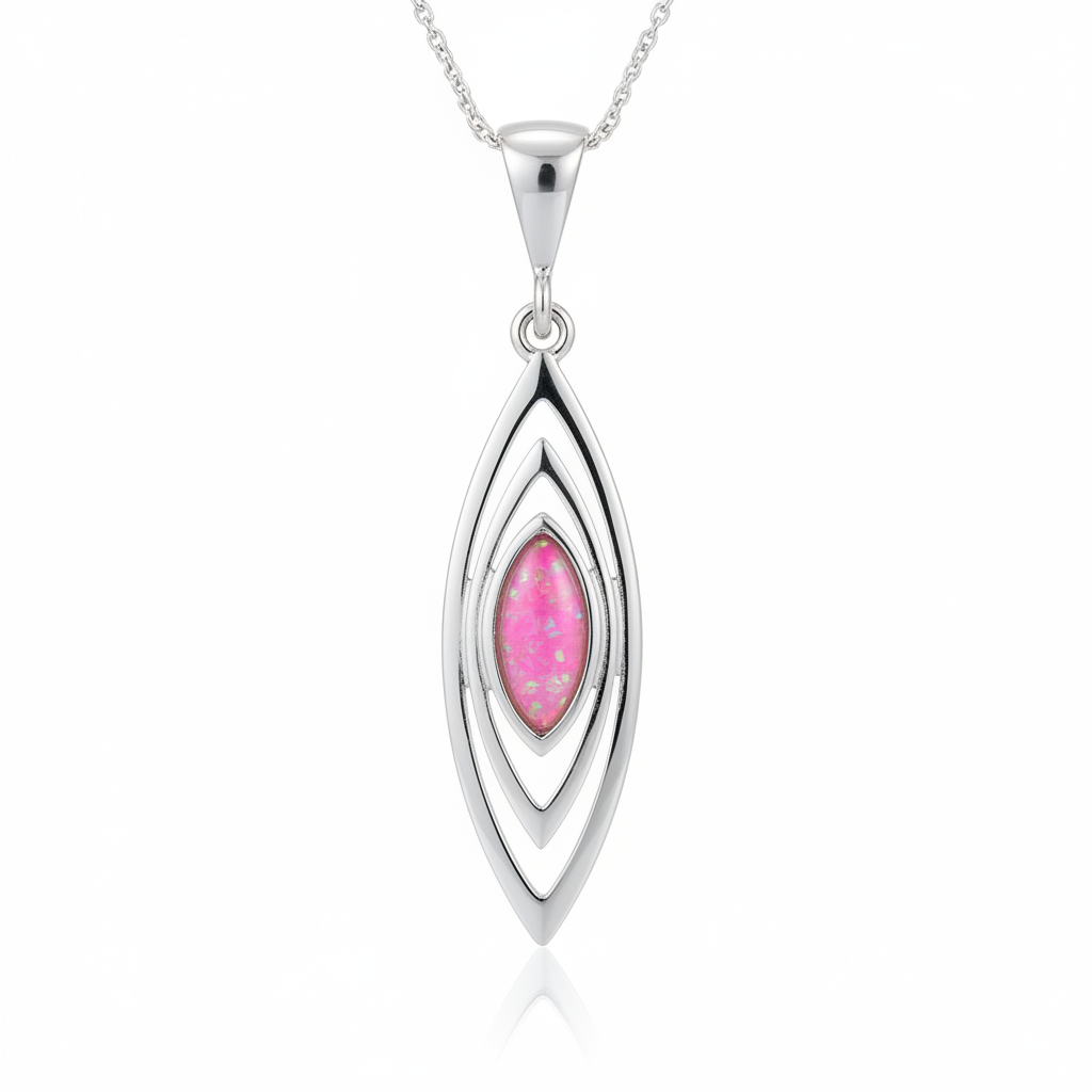 Silver 925 triple marquise memorial pendant with pink opal resin on chain, white background