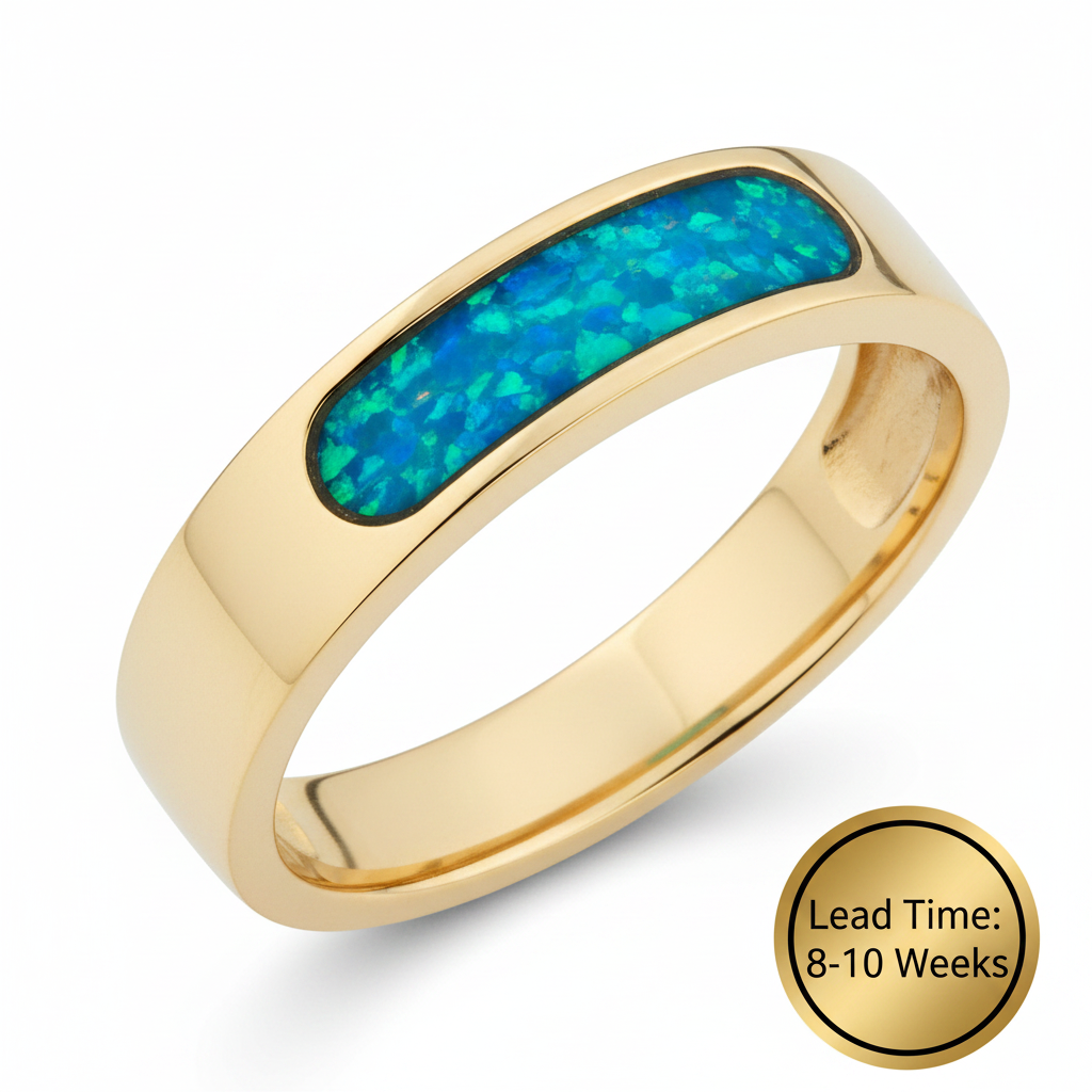 9ct yellow gold 6mm rounded front face channel band ring with blue teal opal resin, white background, lead time 8-10 weeks